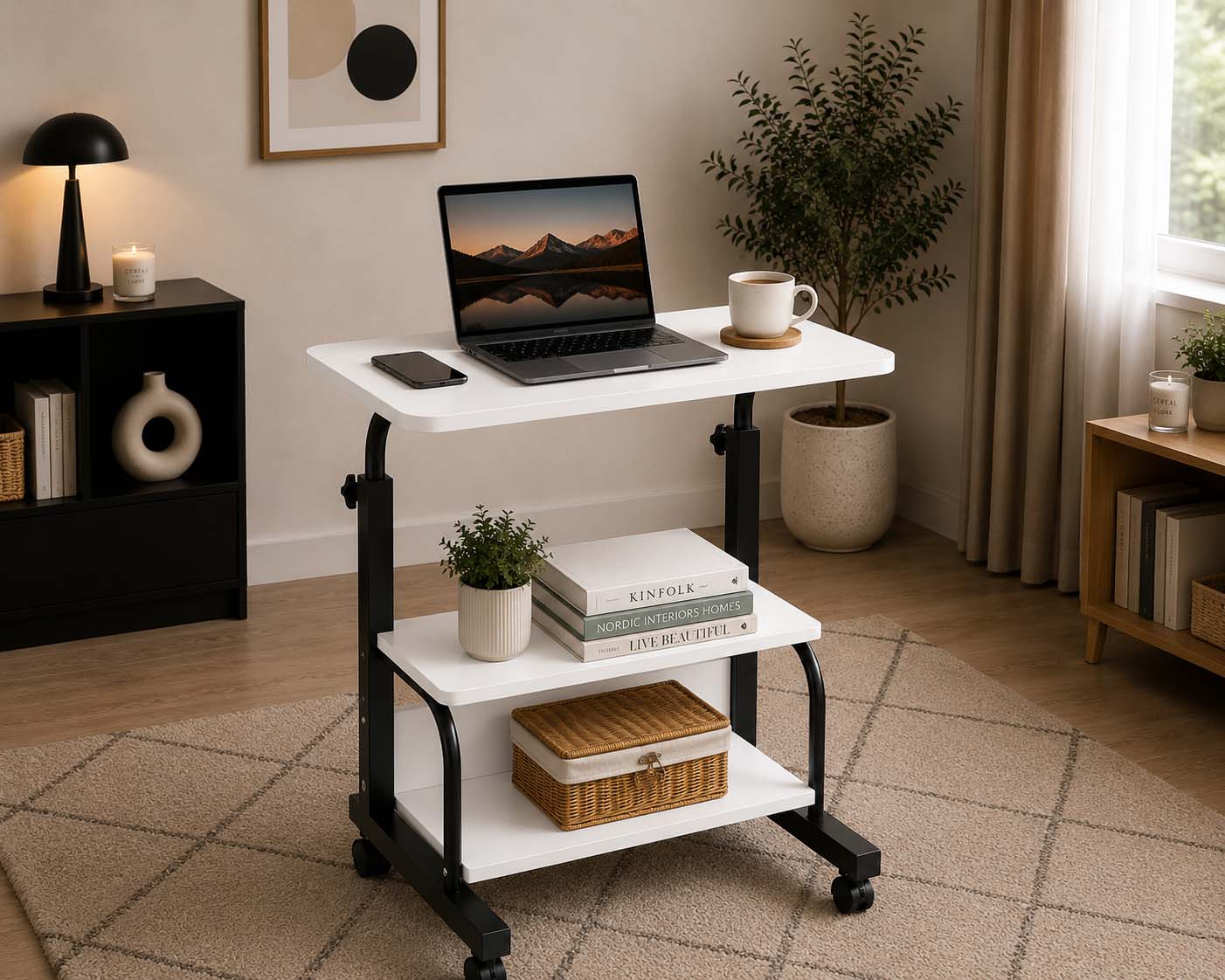 Double Layer Adjustable Table White With Black Stand